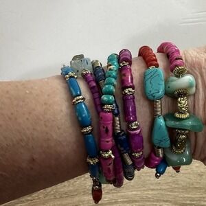 Vintage 1980's Boho Colorful Beads and Stones Wrap Bracelet Pink‎ Teal Retro